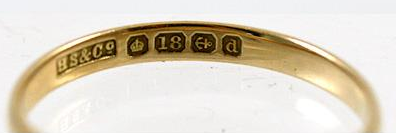Close-up of a hallmark on a gold ring
